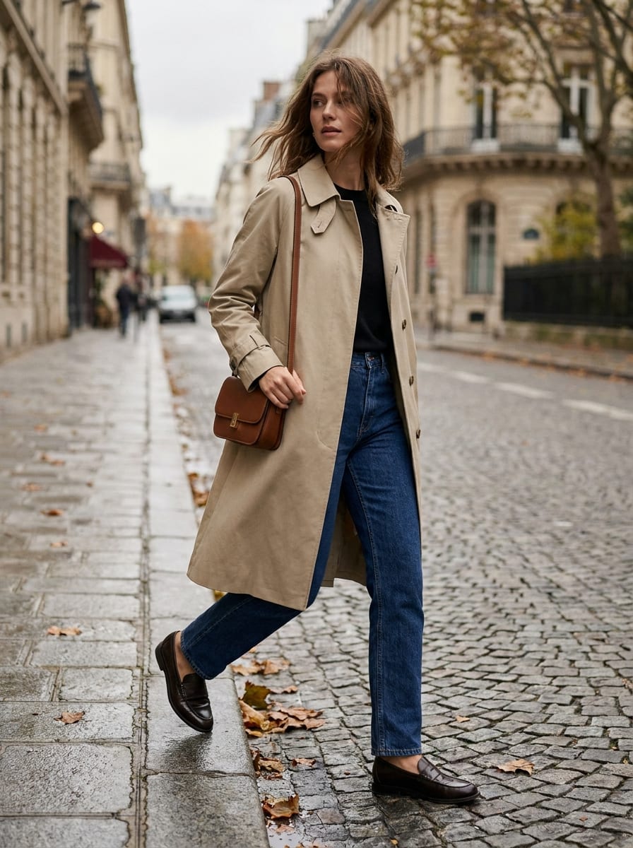 Trenchcoat mit Jeans und Loafern - Herbst Outfit